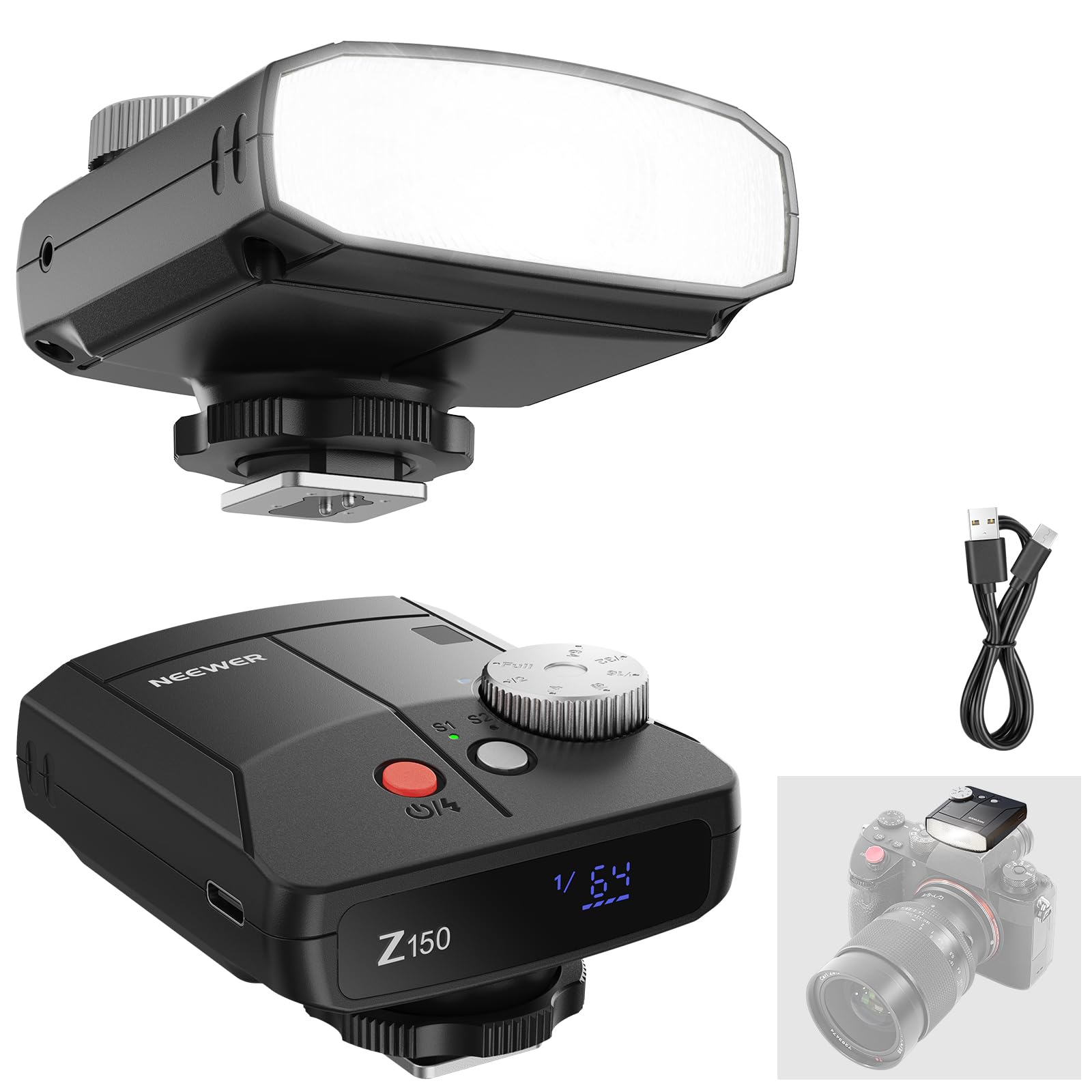 neewer mini camera flash light, 20ws gn15 1200mah/640 full power flashes/3.1s recycle/6000±200k, manual 1/64-1/1 power & s1/s2 mode, speedlite compatible with canon nikon sony fujifilm cameras, z150