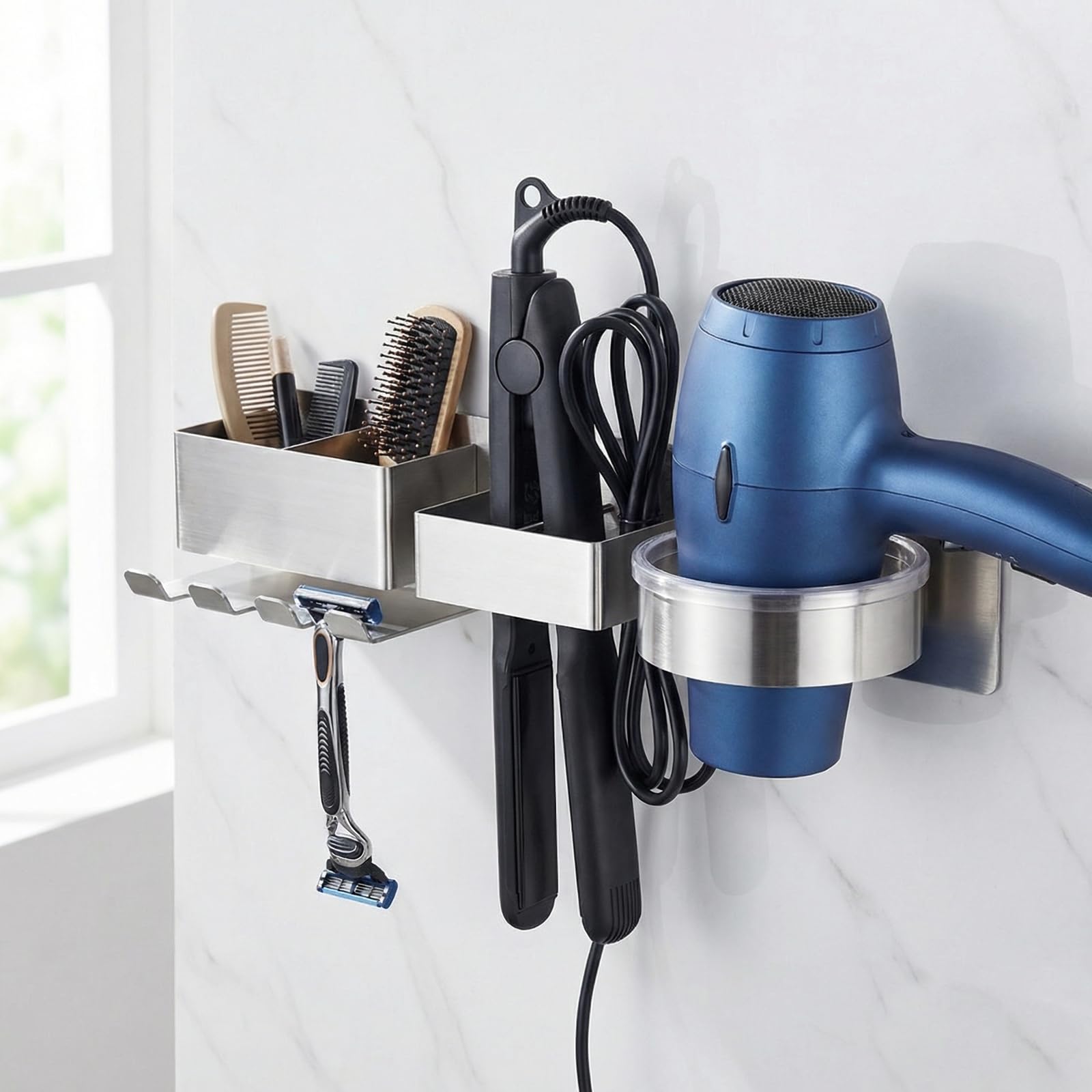 Porta Phon e Piastra Porta Asciugacapelli Autoadesivo con Scomparti Porta Phon da Parete Porta Piastra per Capelli in Spaziale Alluminio Supporto per Asciugacapelli e Piastra lisciante, Argento