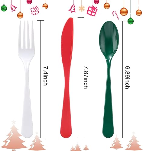 Miniatura 2 de Supernal 180 cubiertos de plástico de Navidad, suministros de fiesta de Navidad, cubiertos de plástico de color pesado que incluye 60 cuchillos