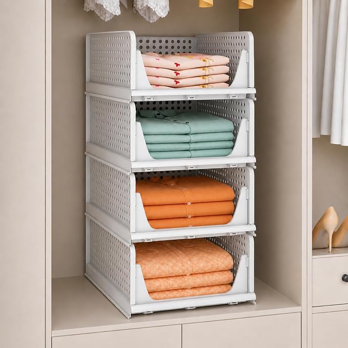 JD FRESH 4 Tier Large Stackable Wardrobe Organizer for Storage/Foldable Cupboard Organizer for Clothes/Polypropylene Multipurpose Space Organiser Rack/Closet Organizer (White)