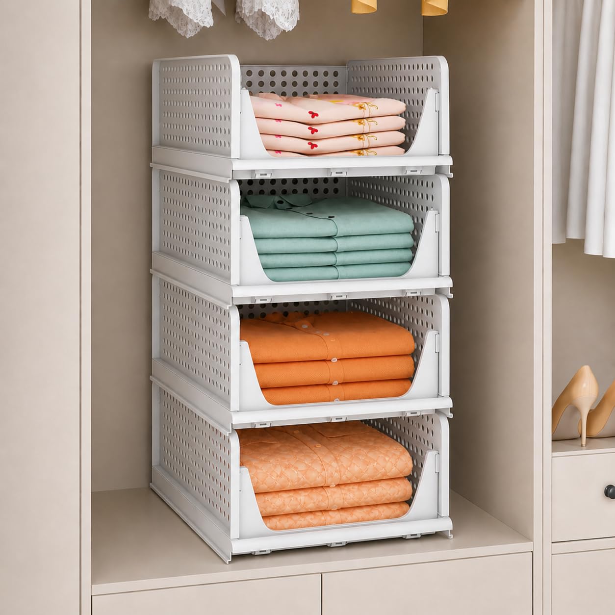 JD FRESH 4 Tier Large Stackable Wardrobe Organizer for Storage/Foldable Cupboard Organizer for Clothes/Polypropylene Multipurpose Space Organiser Rack/Closet Organizer (White)