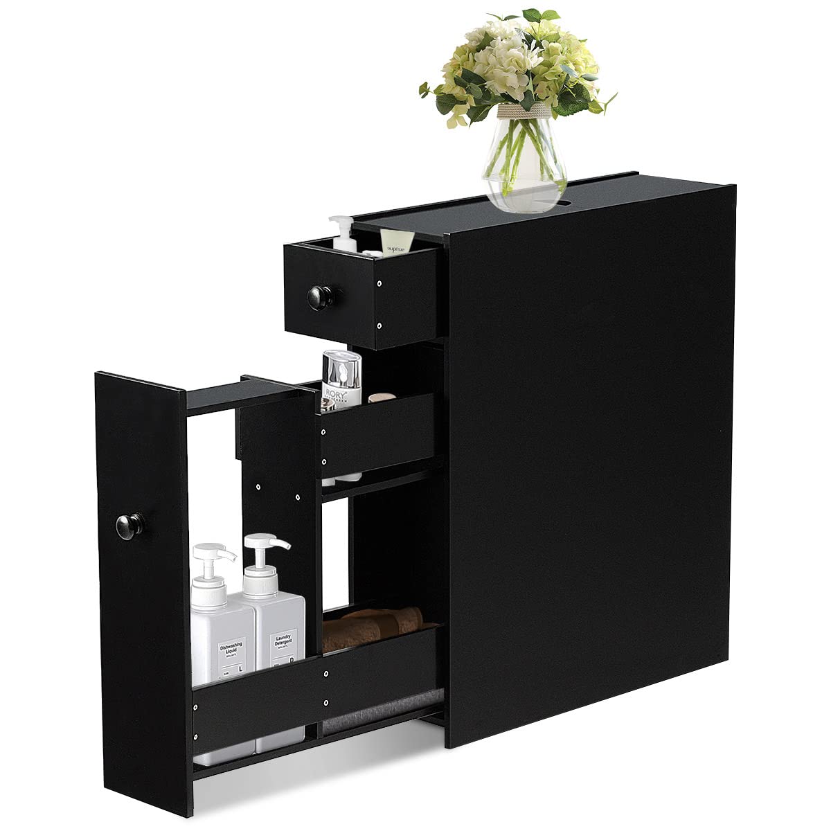 LIFEZEAL Armario de baño Estrecho, Armario nicho de baño con 2 cajones, estantería Que Ahorra Espacio, gabinete de baño de Suelo para Cocina, 48 x 16 x 58 cm (Negro)