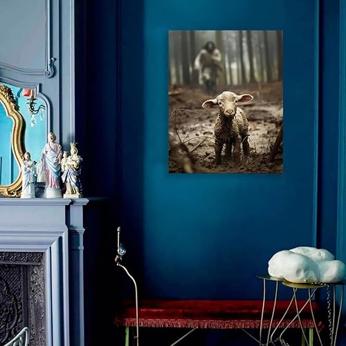 Vista 22 de GUN SUPPLIES OUTLET LLC Arte de pared cristiano Jesús persiguiendo cordero perdido, impresión inspiradora para decoración de pared, 16 x 20