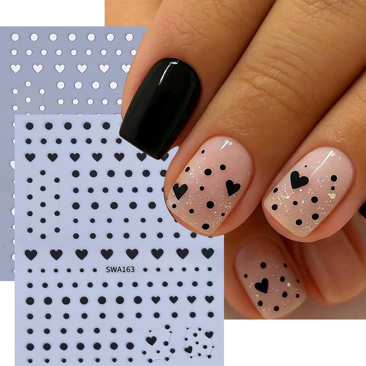 Valentine's Day Nail Stickers Polka Dot Heart Nail Decals 6PCS White Black Heart Polka Dot Nail Art Supplies Self Adhesive Cute Valentine Nail Stickers for Women DIY Manicure Accessories Decorations