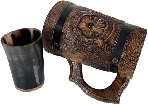 Miniatura 6 de collectiblesBuy Conjunto de vaso de chupito ceremonial medieval y jarra de madera marrón antiguo Stein estilo clásico taza de cerveza de cocina