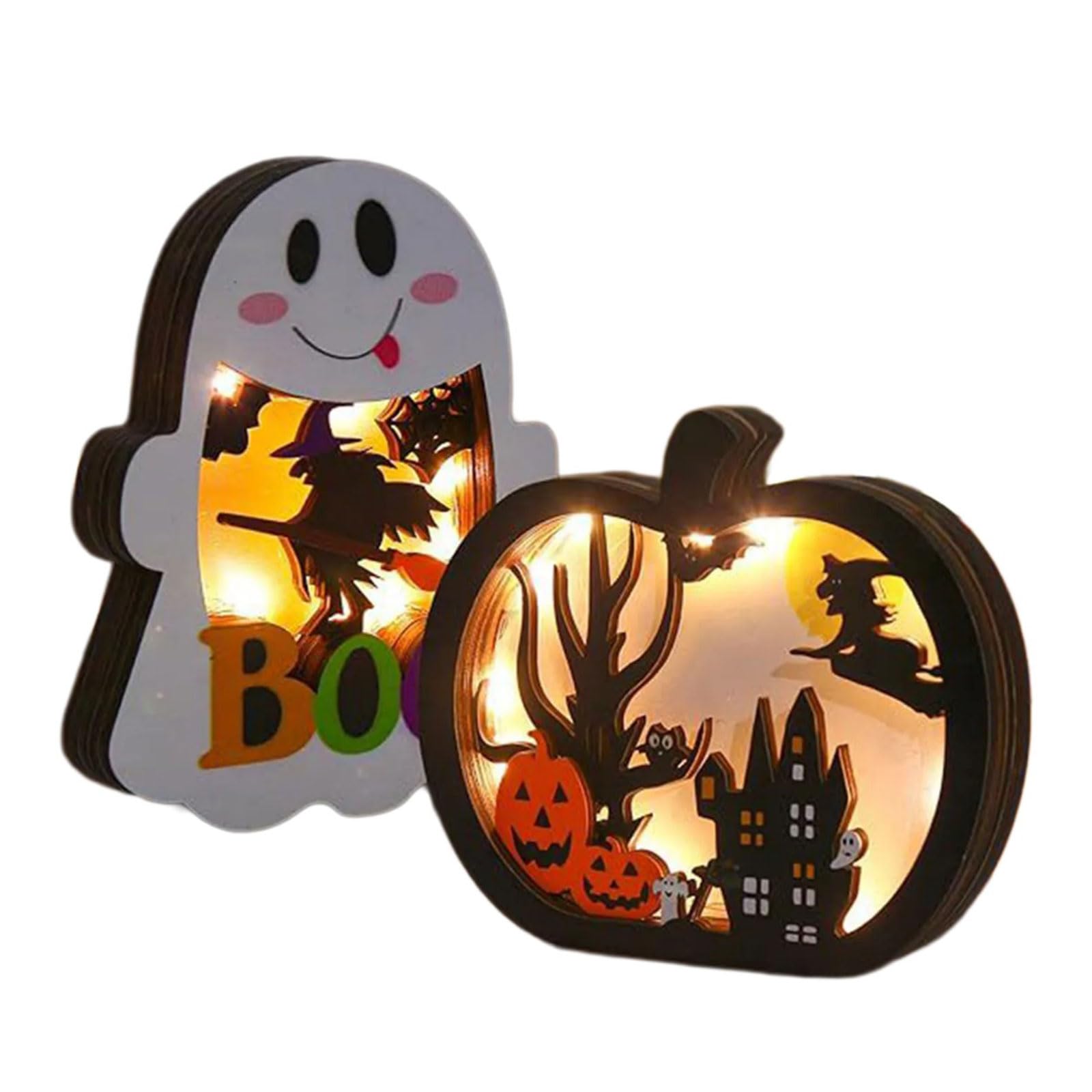 Buxuaaaa 2Pcs Halloween Decoration Desk Lamp Wooden Ghostly Pumpkin LED Nightlight for Tabletop Bookshelf Mantels Home Decoration Halloween Wooden Pumpkin Lights