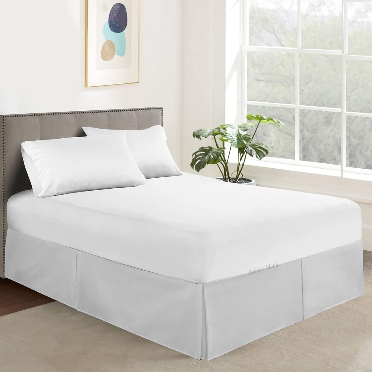 Box Pleated Bed Skirt 14 Inch Drop Full Size Silver Color Bed Skirt Split Corner Pleated Style Easy Fit Easy Care Fade & Wrinkle Resistant-100% Microfibre Made