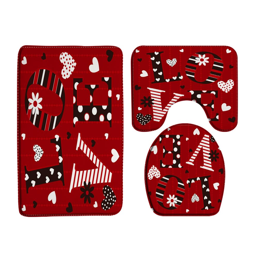 VPUPCN Valentine's Day 3 Pcs Bath Rugs Set,Red Black Love Heart Romantic Love Sweet Couple Modern Fashion Creative Bathroom Kitchen Rug with 17.8