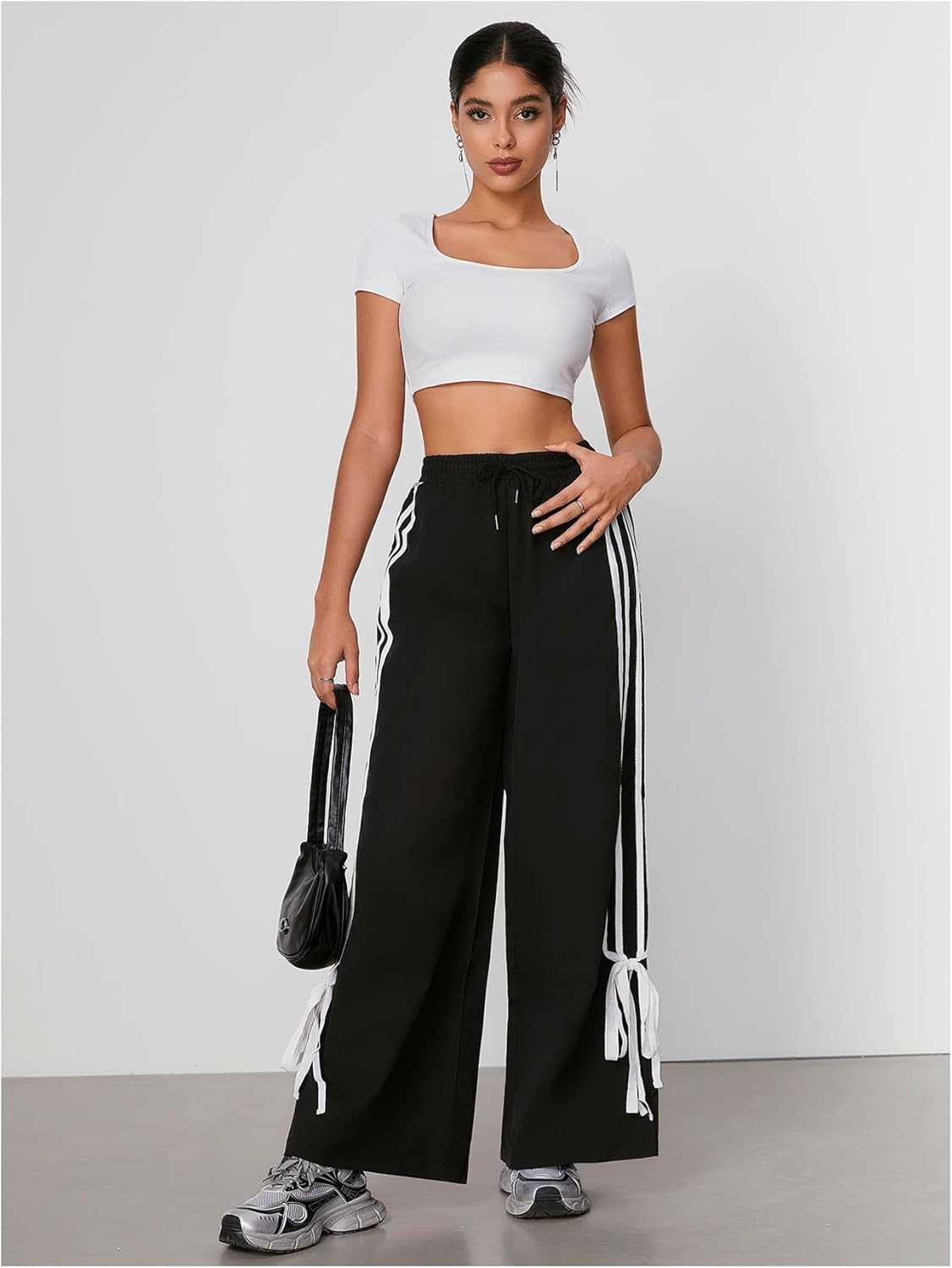 WDIRARA Women's Side Striped Bowknot Track Streetwear Pant Drawstring Waist Wide Leg Long Pants Workout - Image 7
