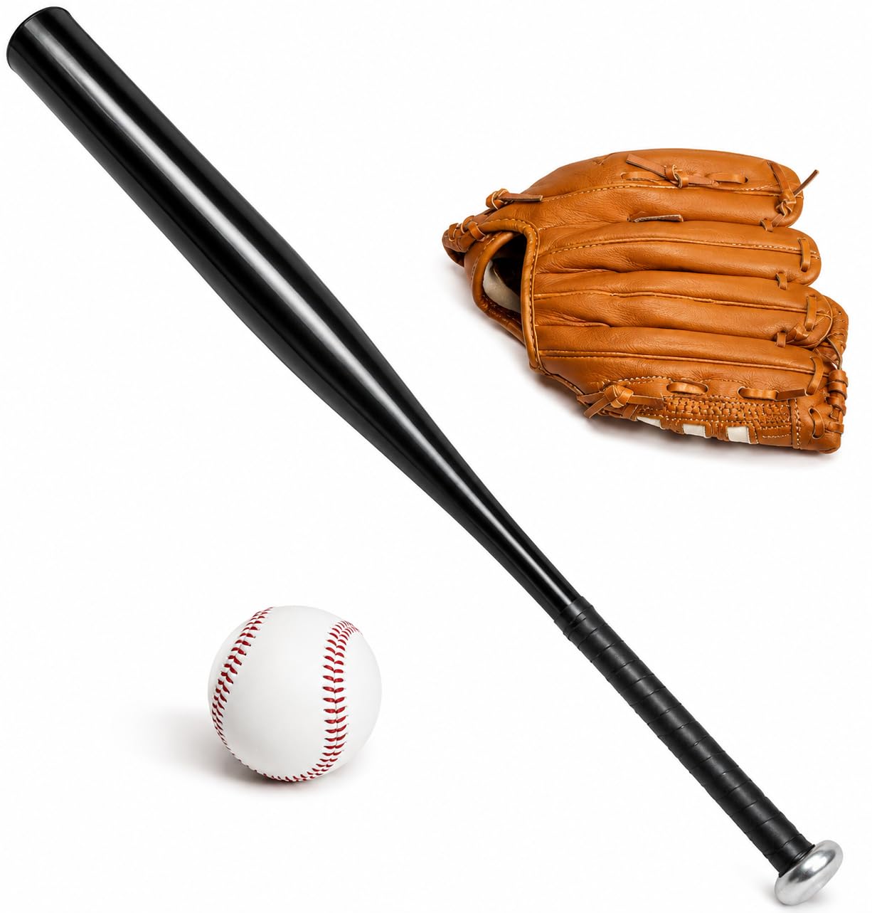 D.I.L Baseball Bat Set, 34 Inch Aluminium Metal Bat, 10.5 Inch Leather-Style Glove, Ball Included, for Teens and Adults, Red, Blue, Black, Silver (Black)