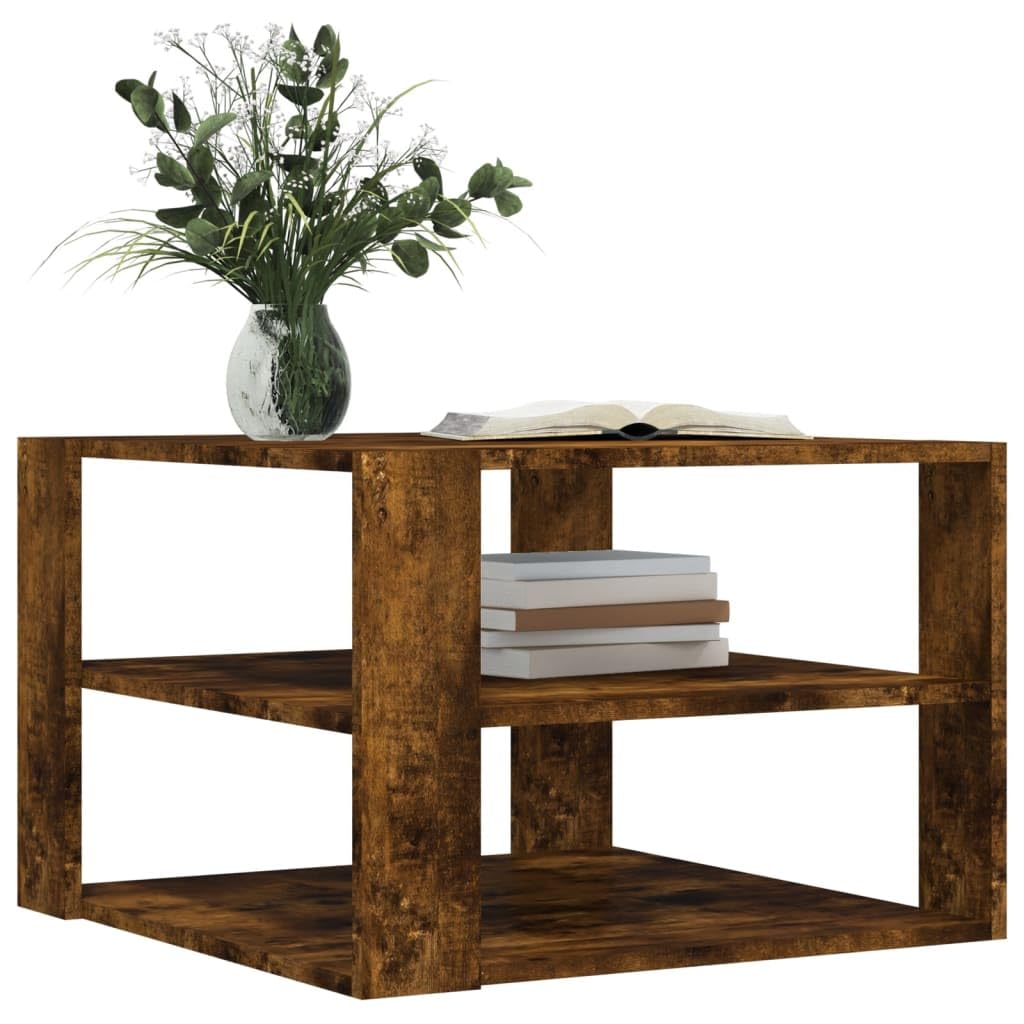 Mesa de centro de roble ahumado, 59,5 x 59,5 x 40 cm, material de madera, estante de 3 niveles, mesa de salón para bebidas, aperitivos, artículos decorativos, resistente a la humedad