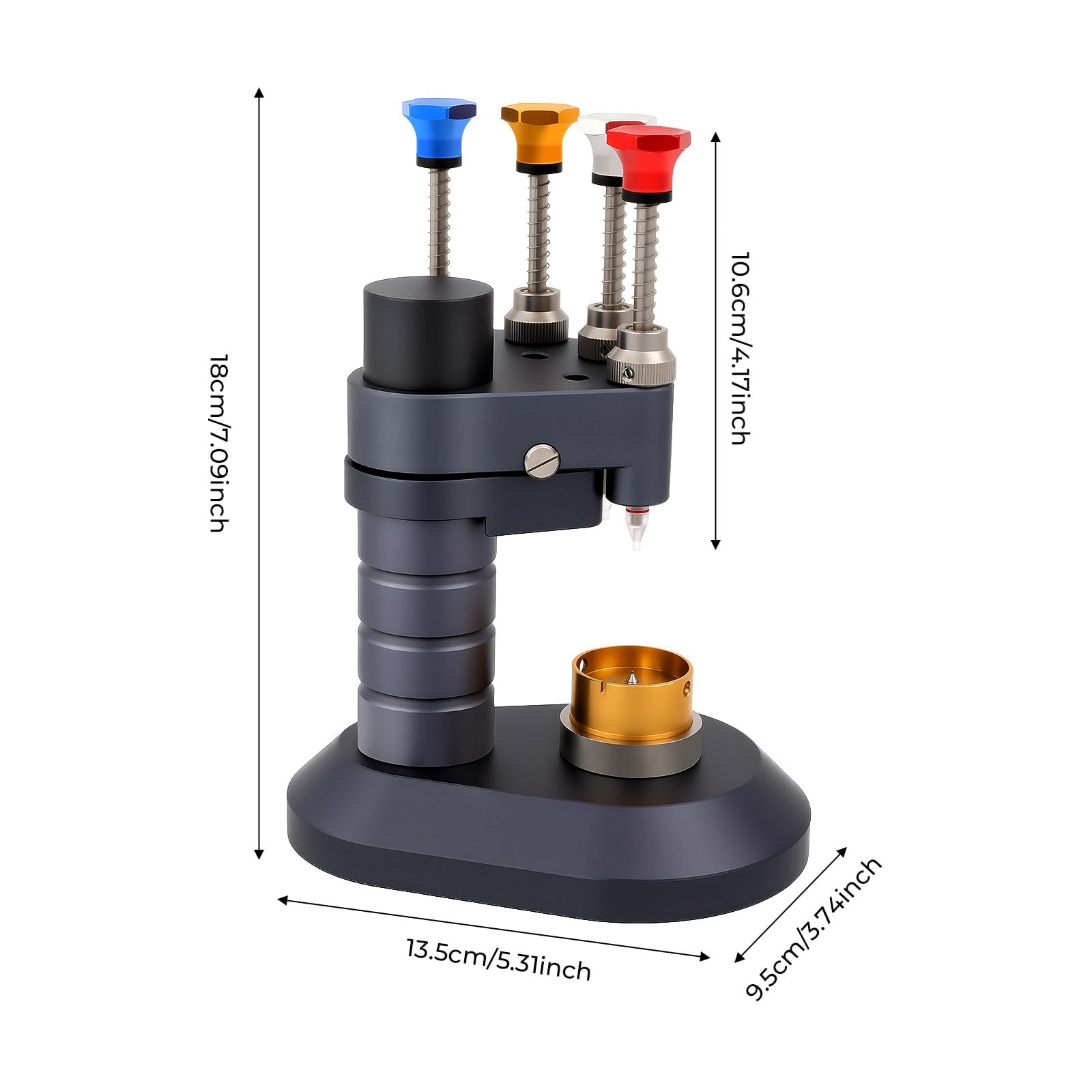 Prensador de manecillas de reloj de 4 pines, herramienta de ajuste de mano de reloj de aluminio con 4 puntas y base, kit de instalación de agujas de alta precisión para relojeros y talleres de