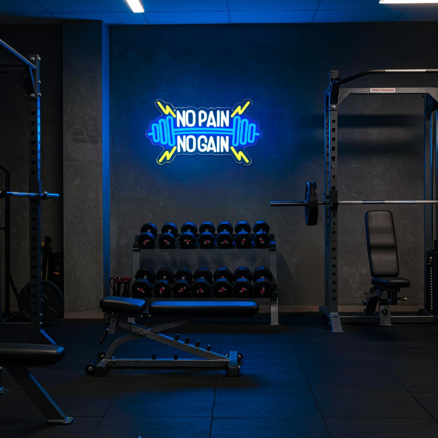 No Pain No Gain Neon Sign for Gym Wall Decor,Led Sign,Neon Lights for Bedroom,Motivational LED Light Up Sign for Home Fitness Room,Garage,Workout,Man Cave,Blue & Yellow Barbell Neon Light - Image 6