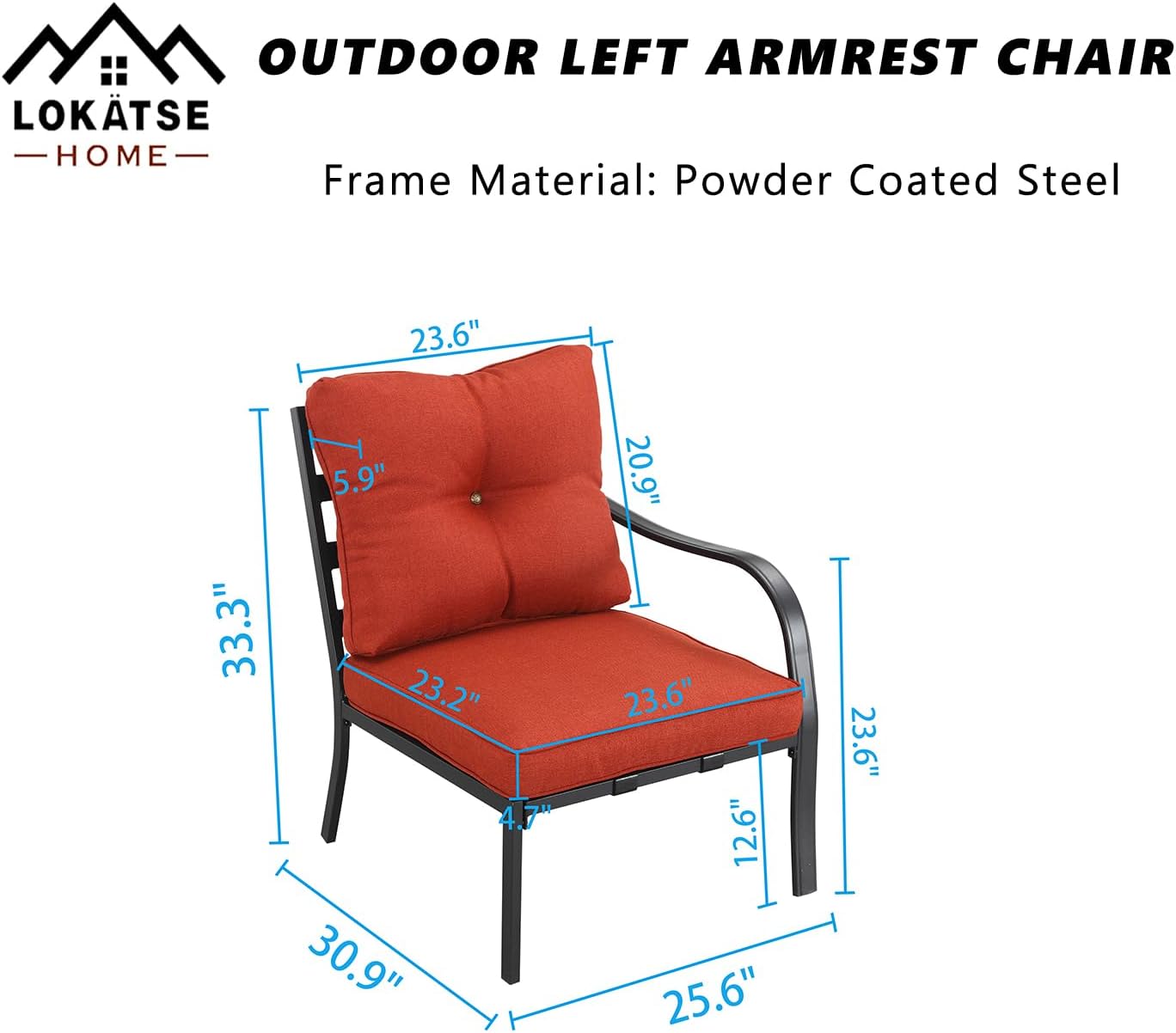 LOKATSE HOME Outdoor Patio Left Armrest Chair with Cushions for Garden, Pool, Backyard, Red