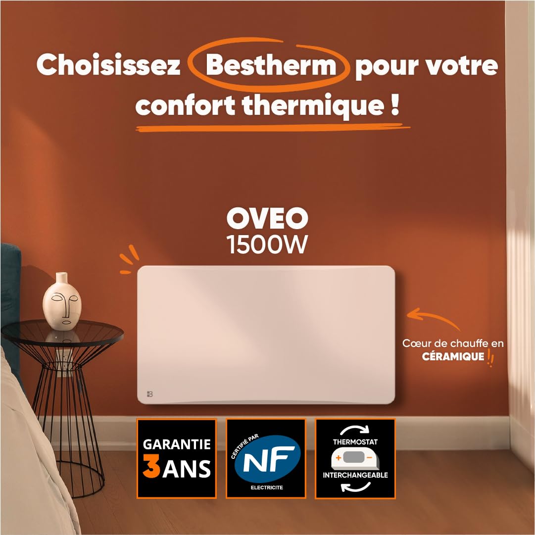 BESTHERM - Ceramiczny grzejnik elektryczny stały bezwładnościowy 1500 W plug & play Bestherm OVEO poziomy biały