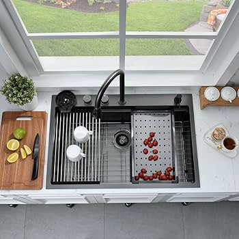 33 Inch Black Waterfall Drop In Kitchen Sink with Fuacet