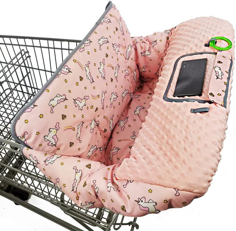 Shopping cart Cover for Babies-high Chair Cover, Dotted Minky Touching, Multi in 1 Design, 360 Full Protection, roll in and go, Universal fit, Pink Unicorns
