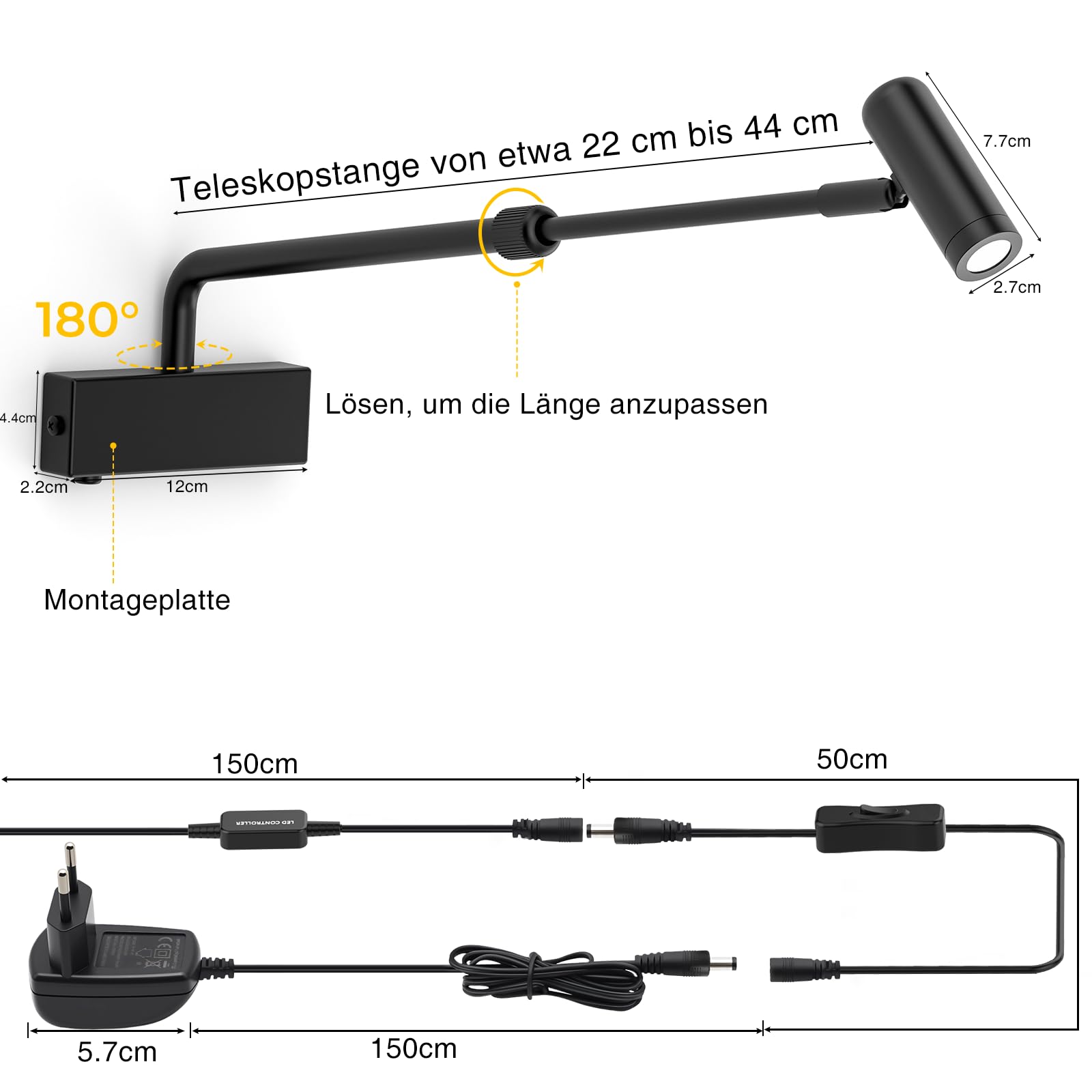 Rückziehbare 2700K LED-Spotlight Innen LED Bilderleuchte Plug-in, 180°drehbares Bildbeleuchtung mit Fernbedienung, Dimmbares Bildlicht mit Ein/Aus-Schalter für Wandkunstpräsentation, Schwarz