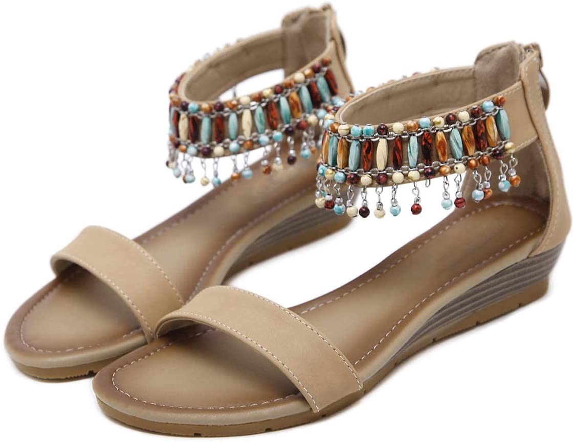 Sandalias Bohemias con Cremallera para Mujer, Chanclas de Playa de Verano, Zapatillas con Punta Abierta, Zapatos con Cremallera Plana Romana, Plataforma, Punta Abierta, Sandalias de tacón con