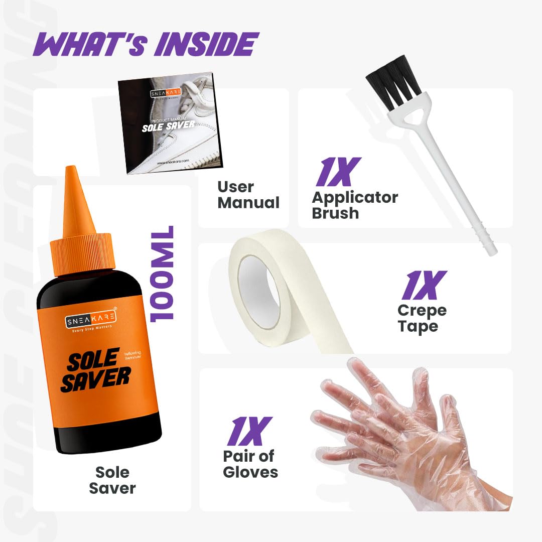 SNEAKARE 100ml Shoe Cleaner & Yellow Stain Remover for Shoes - Sneakers Sole Saver with Brush, Gloves & Tape - Clean Sneakers Sole, Dirty Shoes Cleaner 2