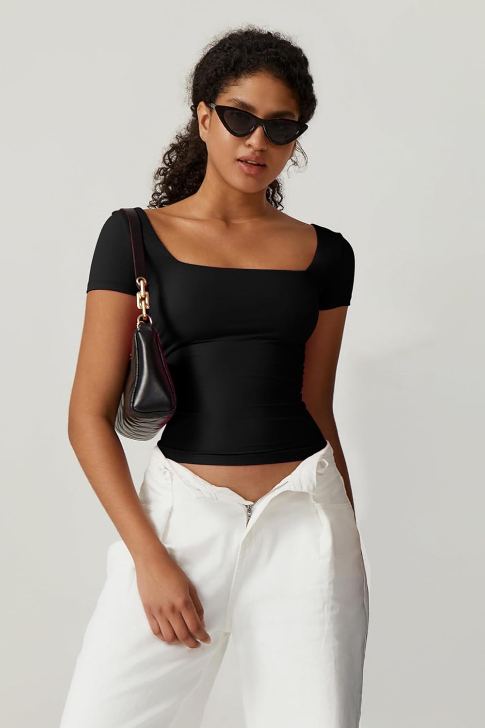 QINSEN Women's Square Neck Short Sleeve Double-Layer Tops Basic Slim Fit Going Out T Shirt - Image 4