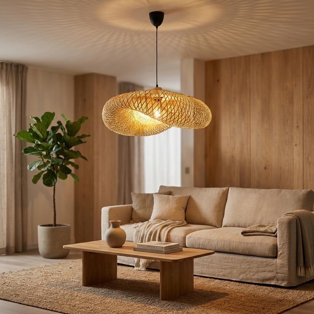 Alpinaluz Lámpara Colgante de Mimbre Natural ø600 mm - Diseño Artesanal con Pantalla Tejida a Mano, Portalámpara E27 de Madera y Cable Negro, para Salón, Comedor y Dormitorio