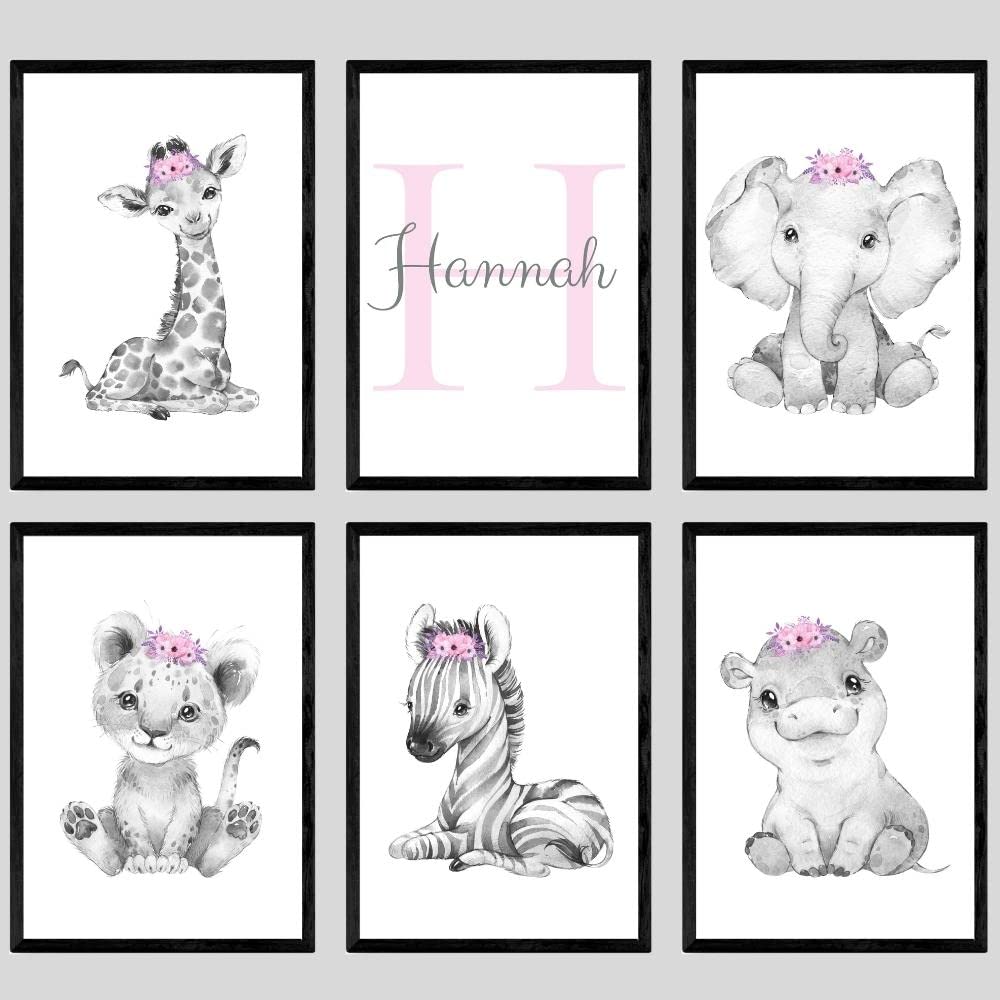 Safari Animals Baby Girls Nursery Bedroom Prints Unframed Set of 6 with Personalised Name, Nursery Wall Art Decor Gift Present in Grey Pink Purple, Giraffe Elephant Lion Zebra Hippo (A5)