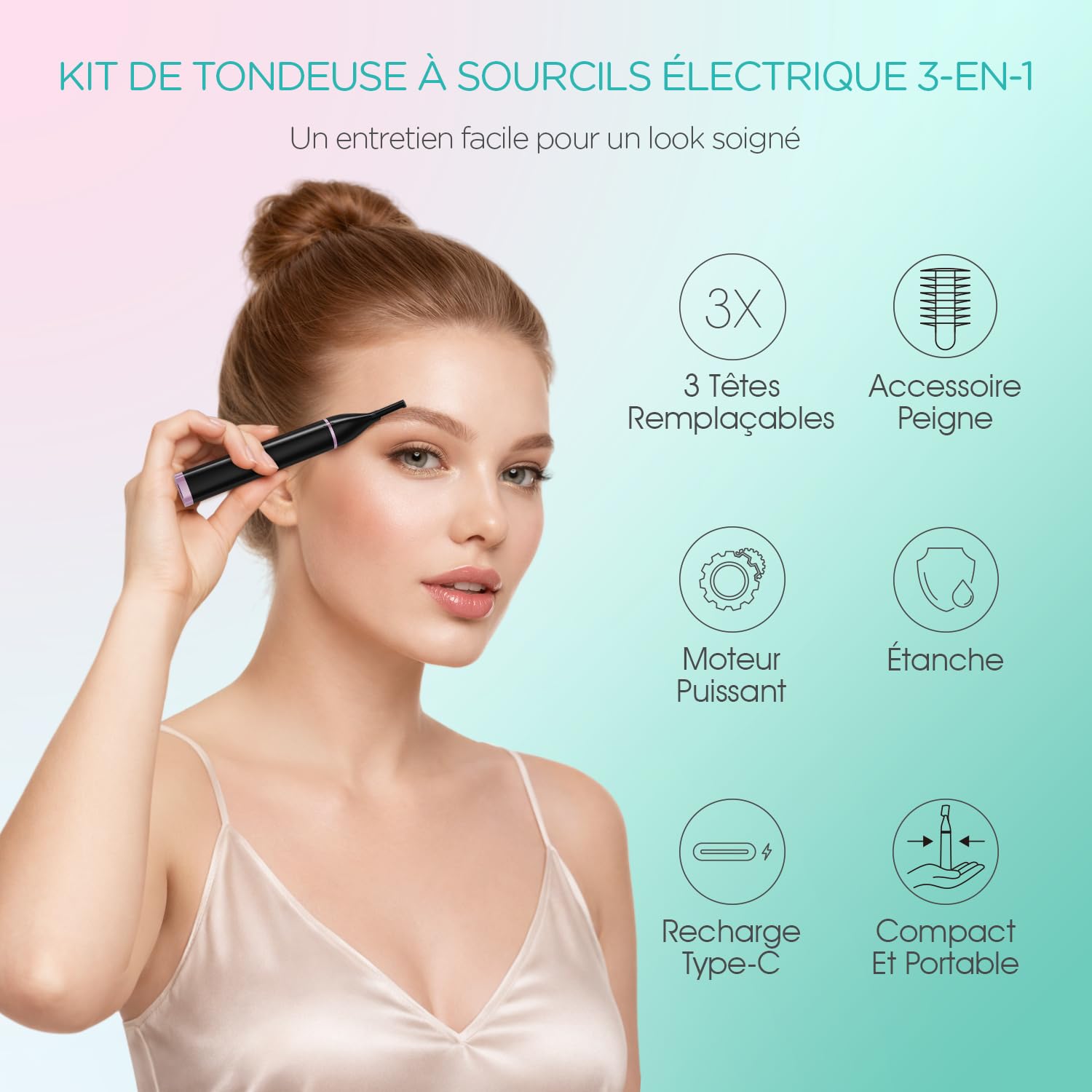 VOGOE Épilateur Visage Femme 3-en-1, Tondeuse à Sourcils Électrique Indolore, Rechargeable et Étanche avec Peigne, pour Sourcils, Lèvre Supérieure, Menton et Joues (Noir)