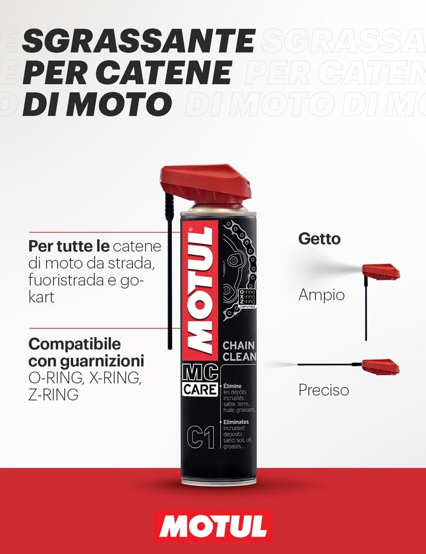 Motul - Spray Sgrassante per Catene di Moto - Sgrassante Molto Potente per Moto da Strada e Fuoristrada - Compatibile con O-Ring, X-Ring, Z-Ring - Evapora Rapidamente - MC Care Chain Clean C1-400 ml