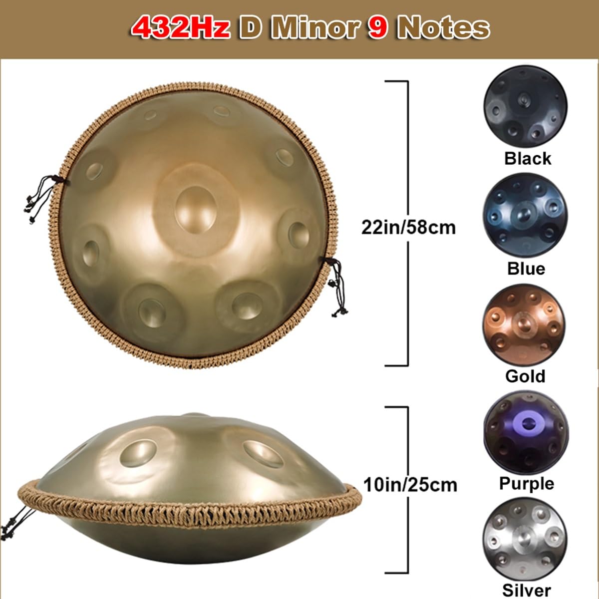 Tamburo in Acciaio Re minore 432Hz/440Hz 9 note Tamburo Per Handpan in acciaio per prestazioni professionali (D3/A3/bB3/C4/D4/E4/F4/G4/A4)(Nero,432Hz)