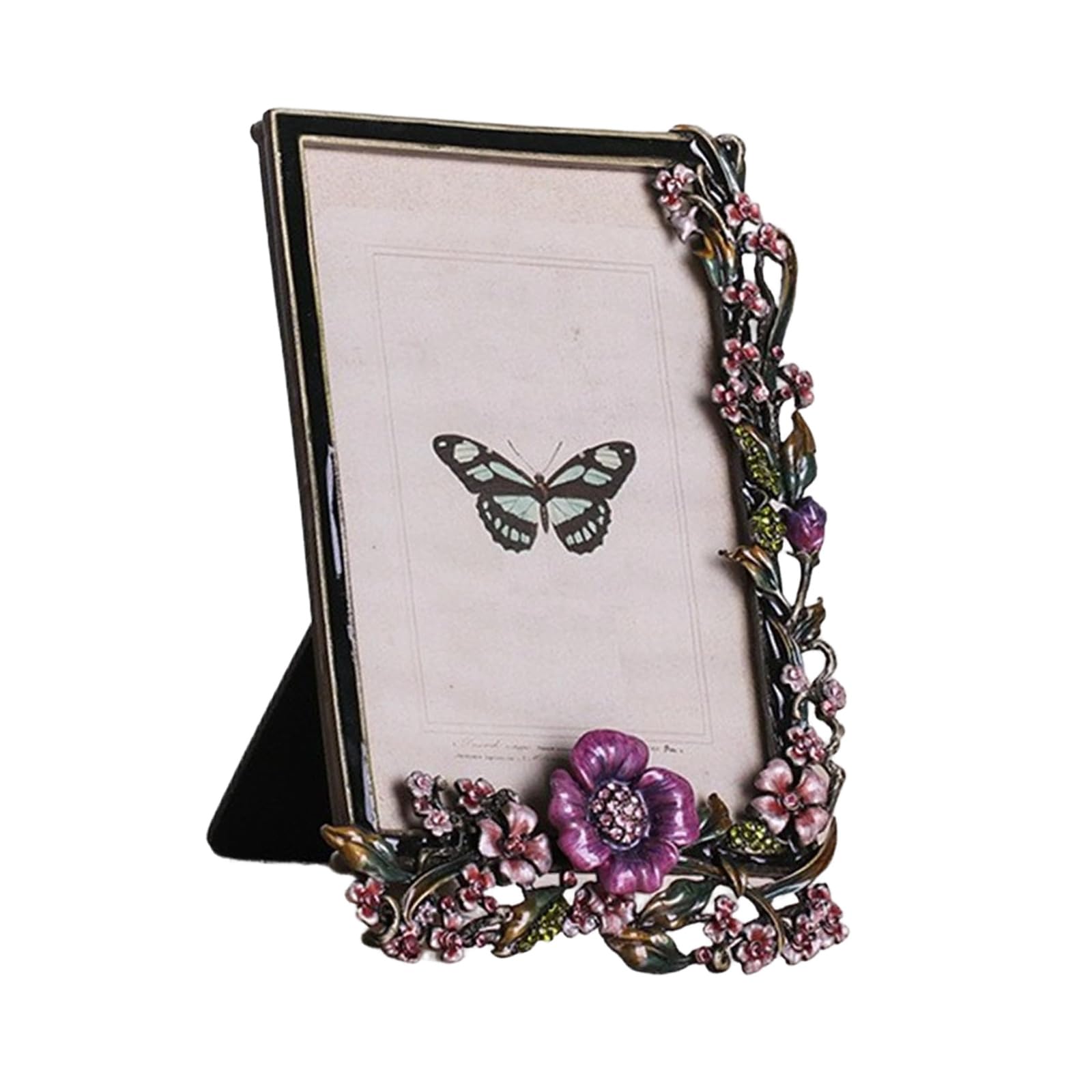 Limtula Antique Metal Picture Frame with Rhinestones Accent and Floral Bird Enameled Design Decorative Gallery Art Photo Display Romantics Photo Frame