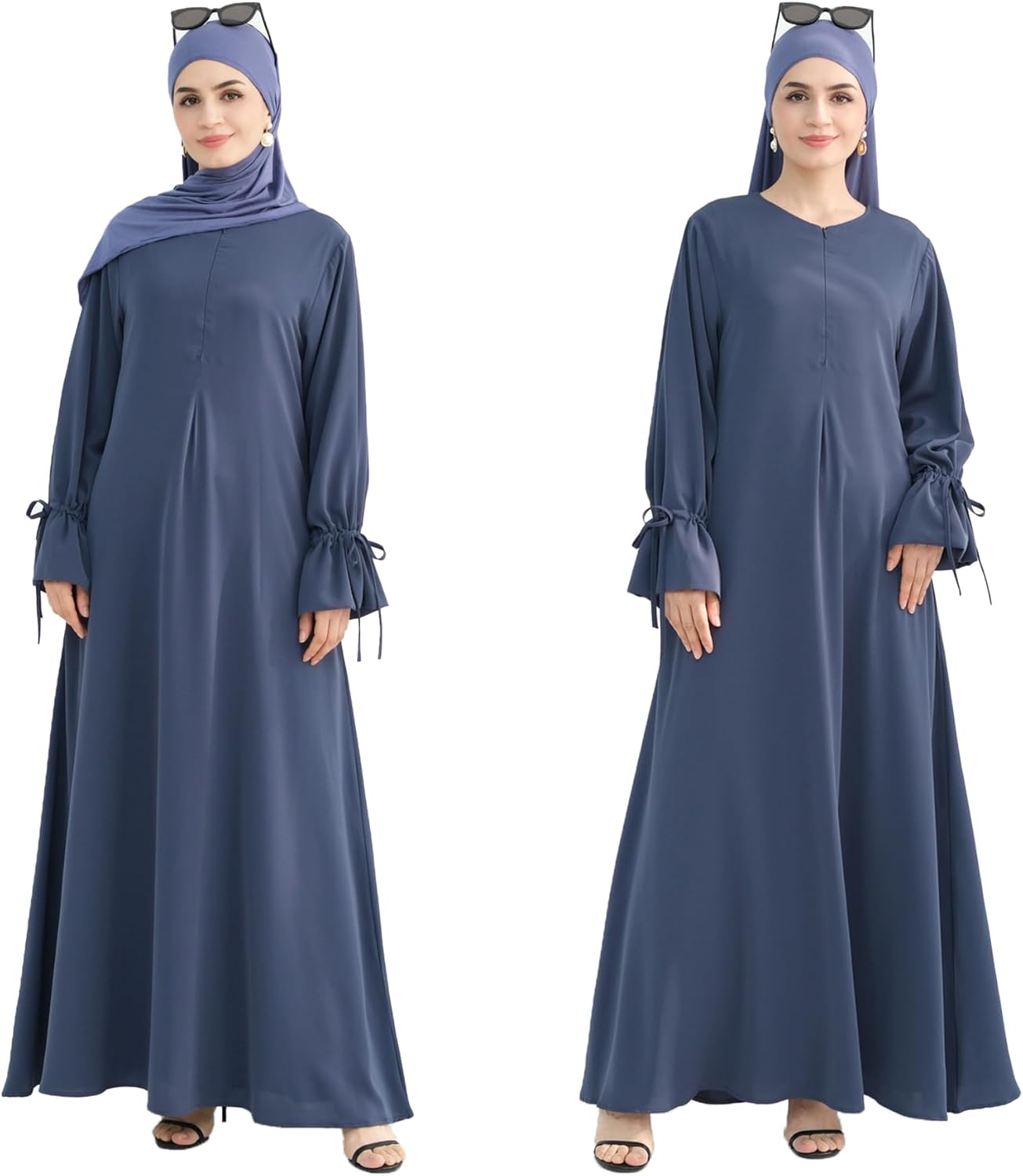 Tie Cuffs Dress Solid Color Abaya for Women Front Zipper Robe with Pocket Daily Islamic Prayer Clothes - Image 3