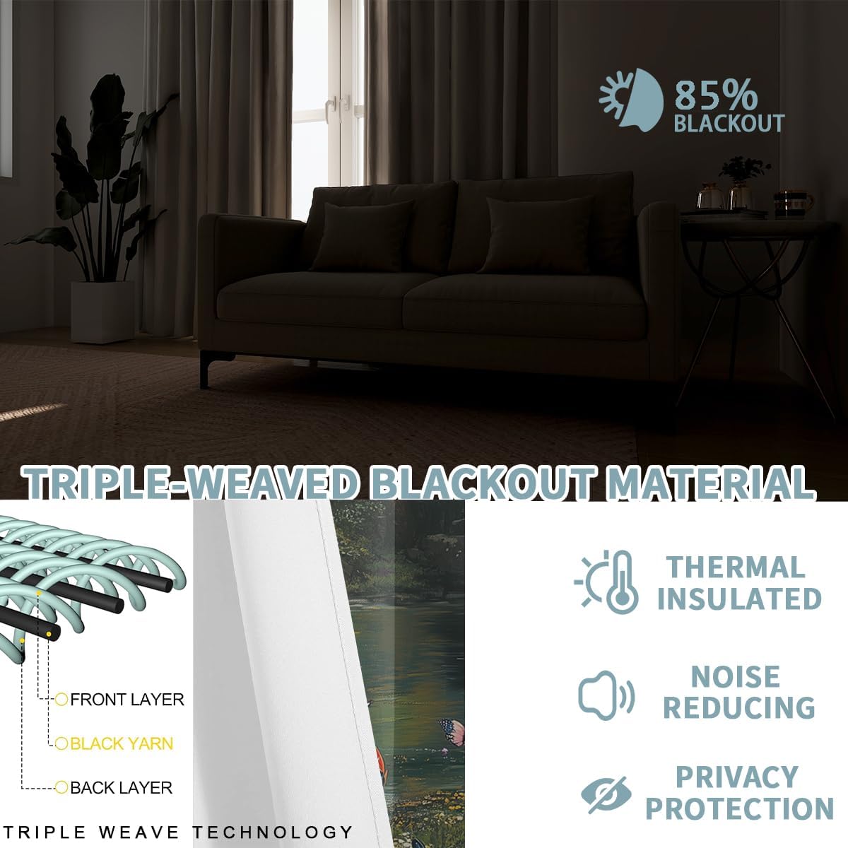 Magic Castle Blackout Curtains for Girls Kids Home Decor, Fairy Tale Unicorn Butterfly Wonderland Grommet Thermal Insulated Drapes Darkening Window Curtain for Bedroom Living Room, 55 x 63 Inch