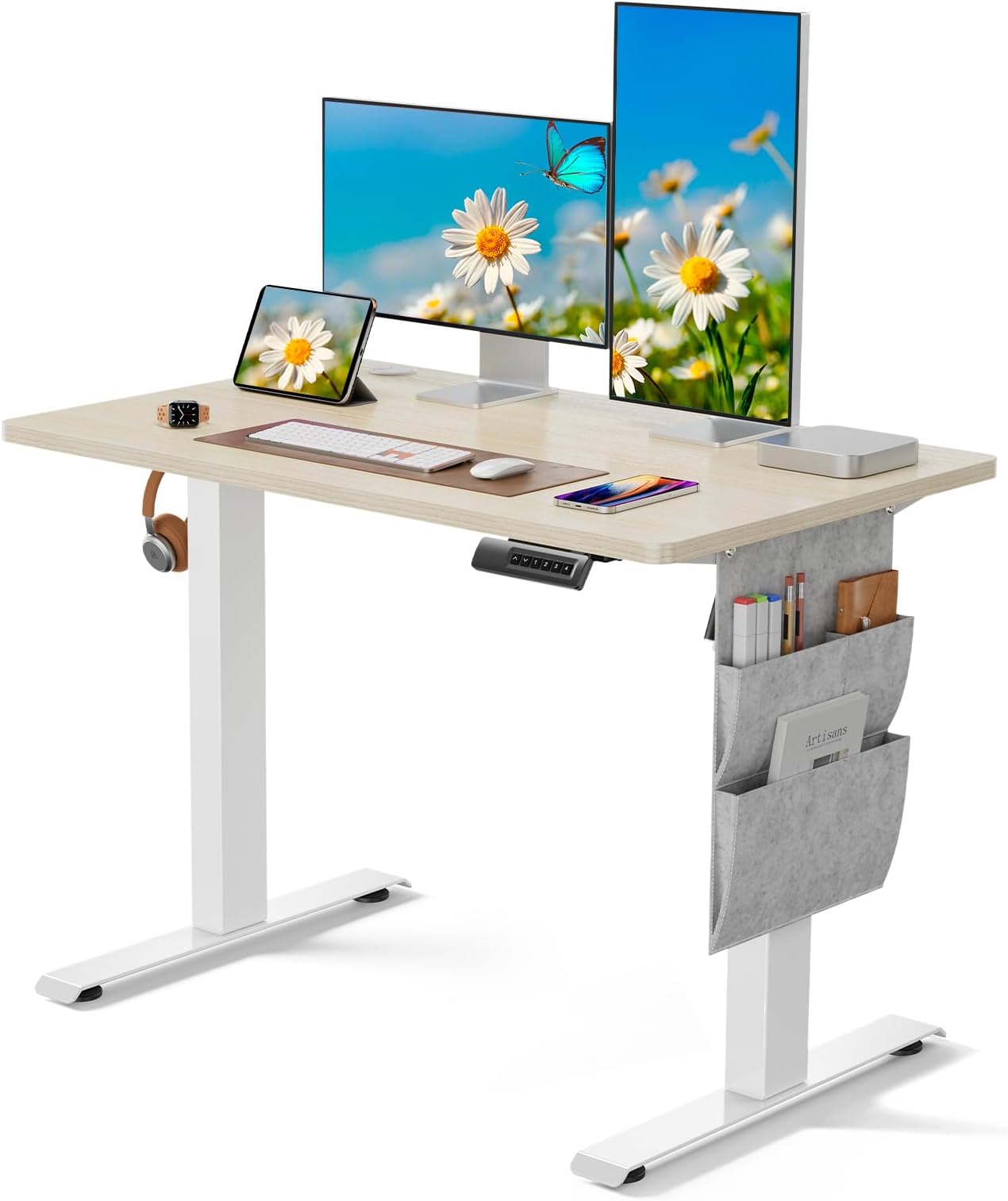 Pipishell Standing Desk Adjustable Height, 100 x 60cm Electric Standing Desk with Storage Bag, Height Adjustable Desk for Home Office Computer Desk Memory Preset with Headphone Hook