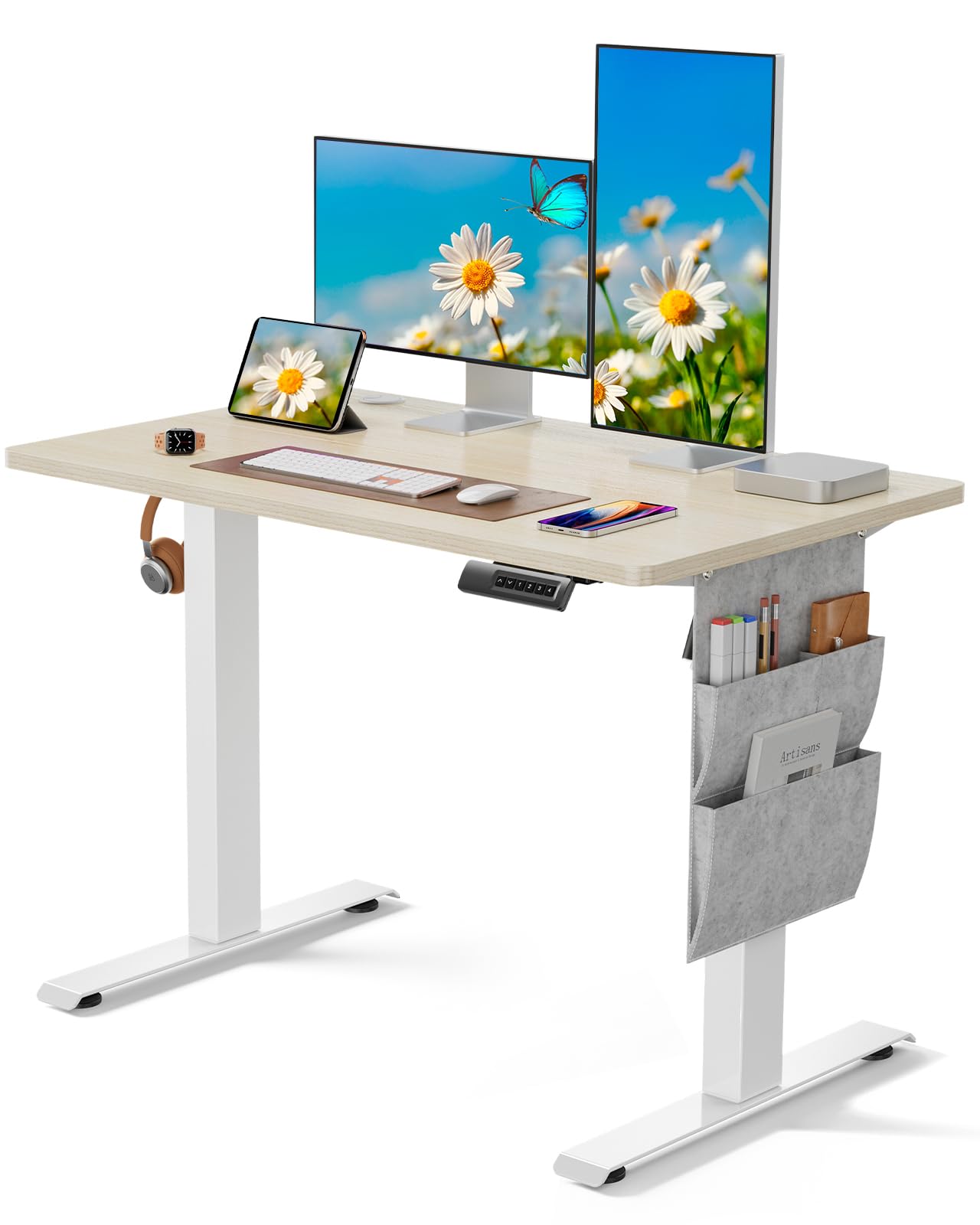 Pipishell Standing Desk Adjustable Height, 100 x 60cm Electric Standing Desk with Storage Bag, Height Adjustable Desk for Home Office Computer Desk Memory Preset with Headphone Hook