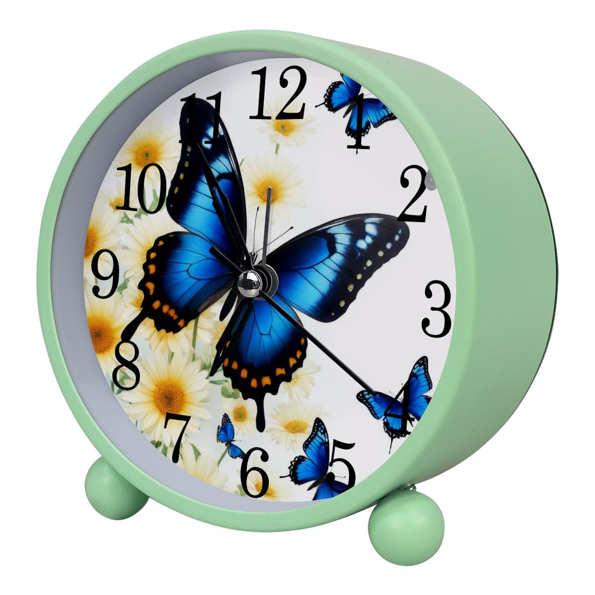 Luoweisi Alarm Clock Butterfly Daisy, Silent Non-Ticking with Night Light, Round Metal Alarm Clock for Office, Battery Operated, Bedroom, Elderly, Adults, Children, Student Gifts