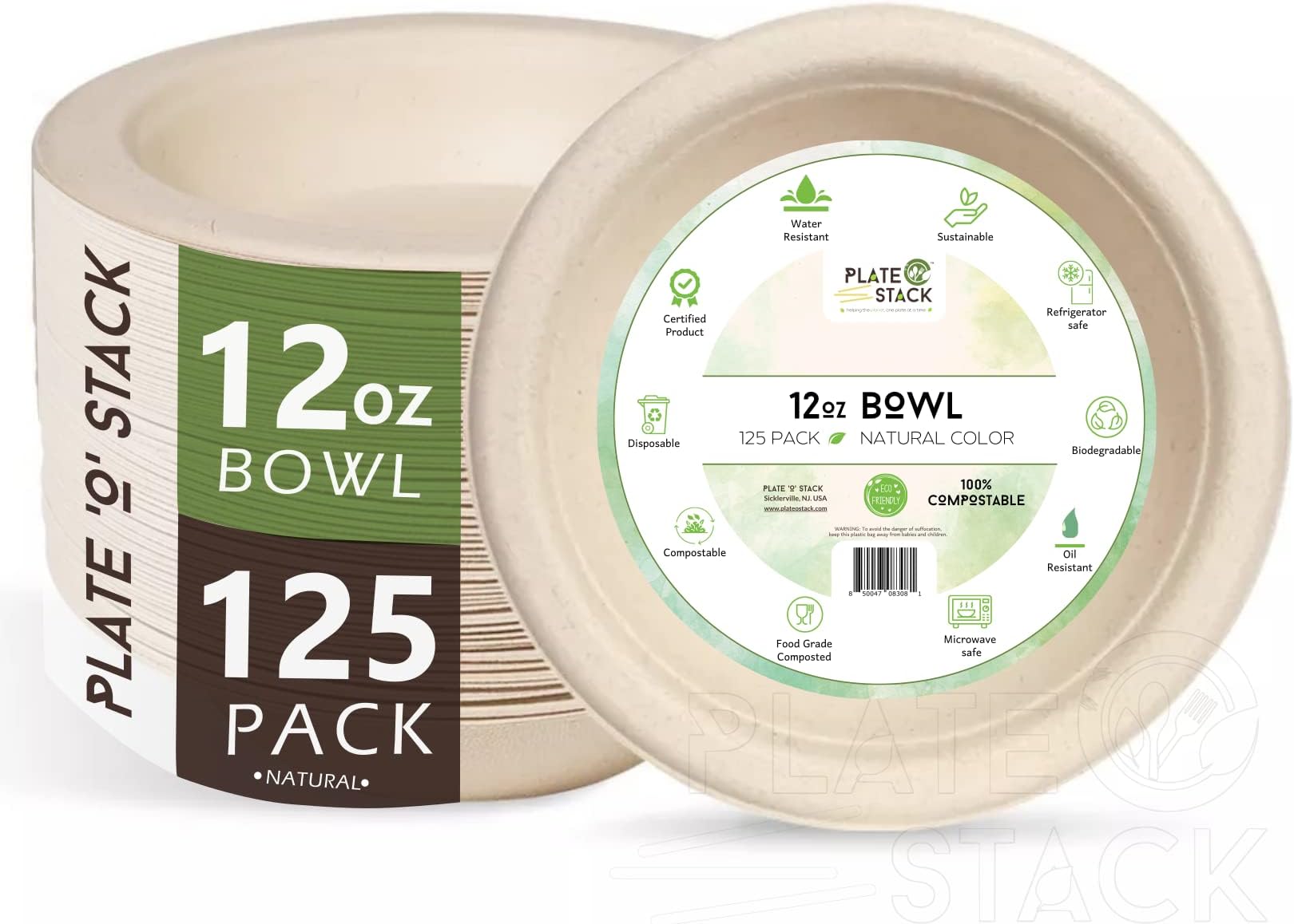 Plate 'O' Stack 100% Compostable 12 Oz. Disposable Soup Bowls [Bulk 125-Pack] Heavy-Duty Paper, Natural Soup Bowls, Bagasse Sugarcane Fiber – Eco-Friendly (Natural Brown)