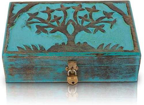 Gran idea de regalo de cumpleaños, caja de joyería decorativa hecha a mano de madera para tallar el árbol de la vida, cerradura y llave, organizador