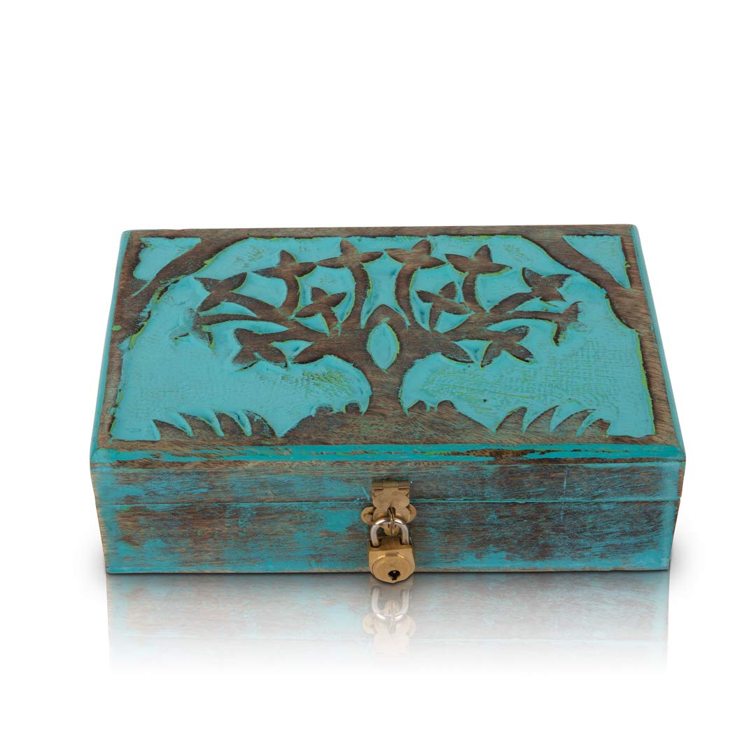 The Great Indian Bazaar Handmade Wooden Jewelry Box – Tree Of Life Carving, Blue Wash Finish, 8x5 Inches