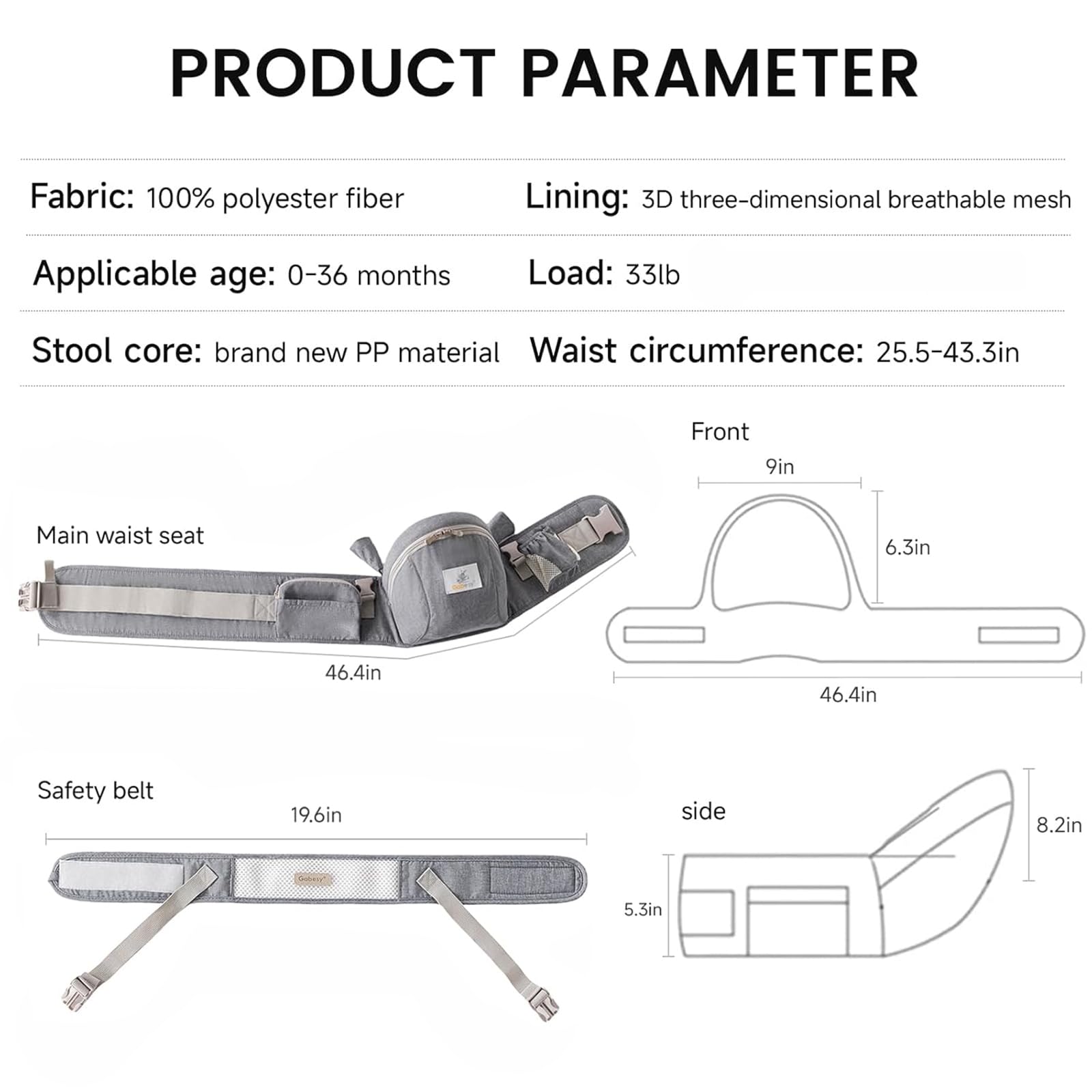 Seggiolino ergonomico con cintura di sicurezza in puro cotone traspirante 0-36 mesi (grigio scuro)