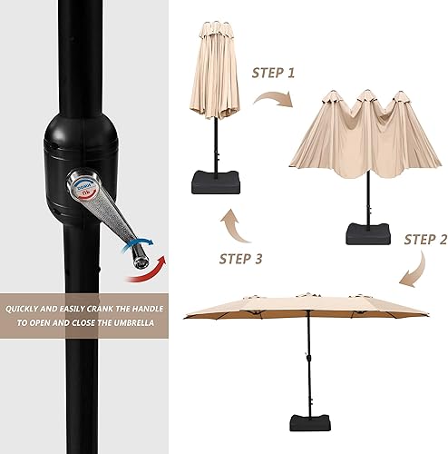 Miniatura 3 de Bigroof Sombrilla de doble cara para patio de 15 x 9 pies con base y manivela, sombrilla rectangular extra grande para exteriores, patio, césped y