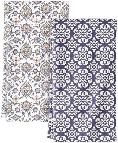 2 Pack Flour Sack Kitchen Towels - 16x26 Inch Cotton Dish Towels with Hanging Loop Reusable Geometric Boho Modern Retro Tea Towel Absorbent Dishcloths Home Decor, Blue Boho Style