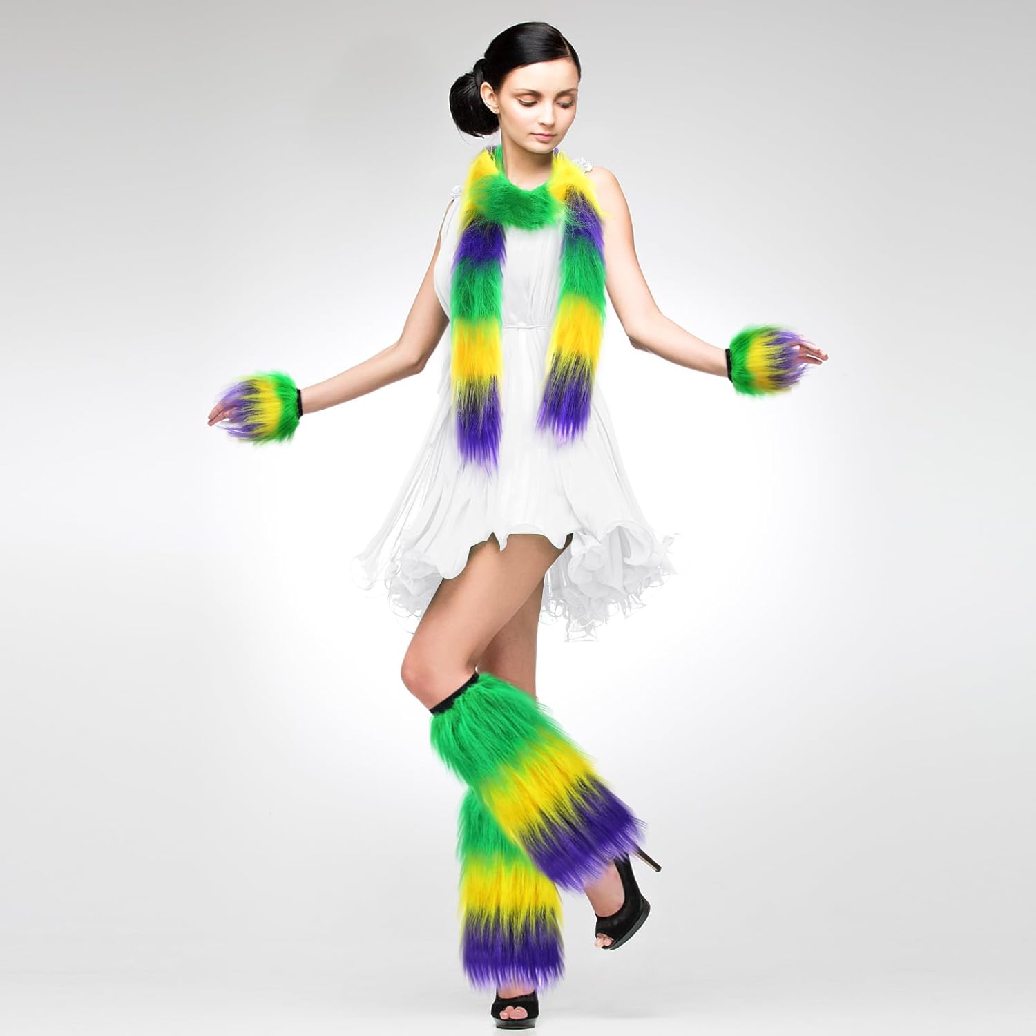 5 Pcs Mardi Gras Furry Leg Warmers Set for Women Include Fuzzy Boa and Fur Wrist Cuffs Mardi Gras Costume Accessories Unisex for Holiday Carnival Party Masquerade Costume Outfit - Image 6