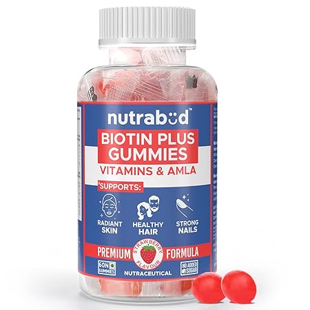 Nutrabud Biotin Hair Gummies For Women, Men | No Added Sugar | For Healthy Hair Growth, Skin Glow & Strong Nails | Strawberry Flavor Vegan Gummy Bear Supplement - 60 Count (Pack of 1)