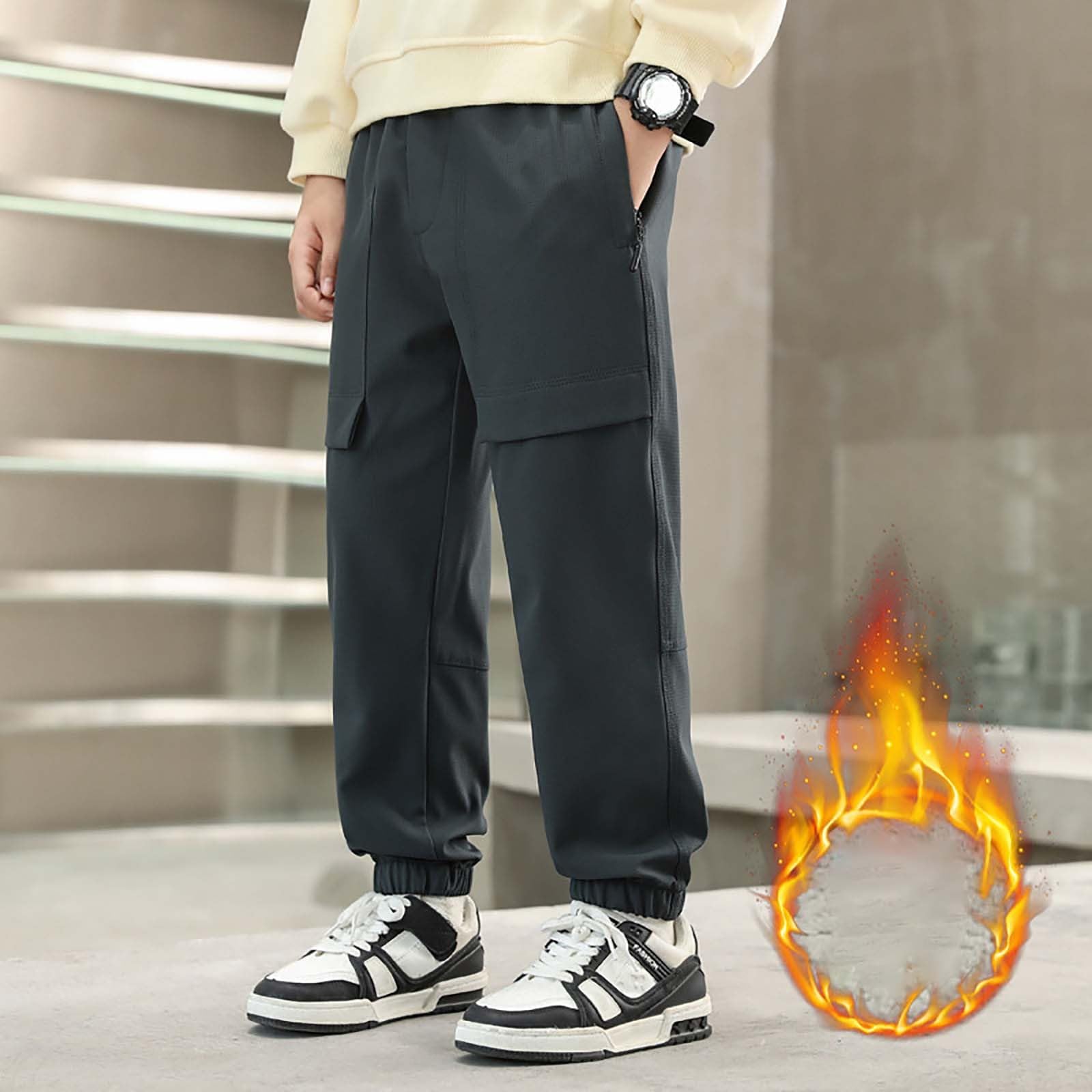 Pantaloni da jogging da uomo e ragazzo, invernali, foderati, in pile, antivento, per bambini e ragazzi