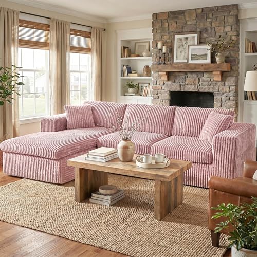 Shintenchi Boneless Couches for Living Room Modular Sectional Sofa with Deep Seat Memory Foam Cloud Couch with L Shaped Oversized Chaise No Assembly Needed Plush Corduroy Sofa Pink