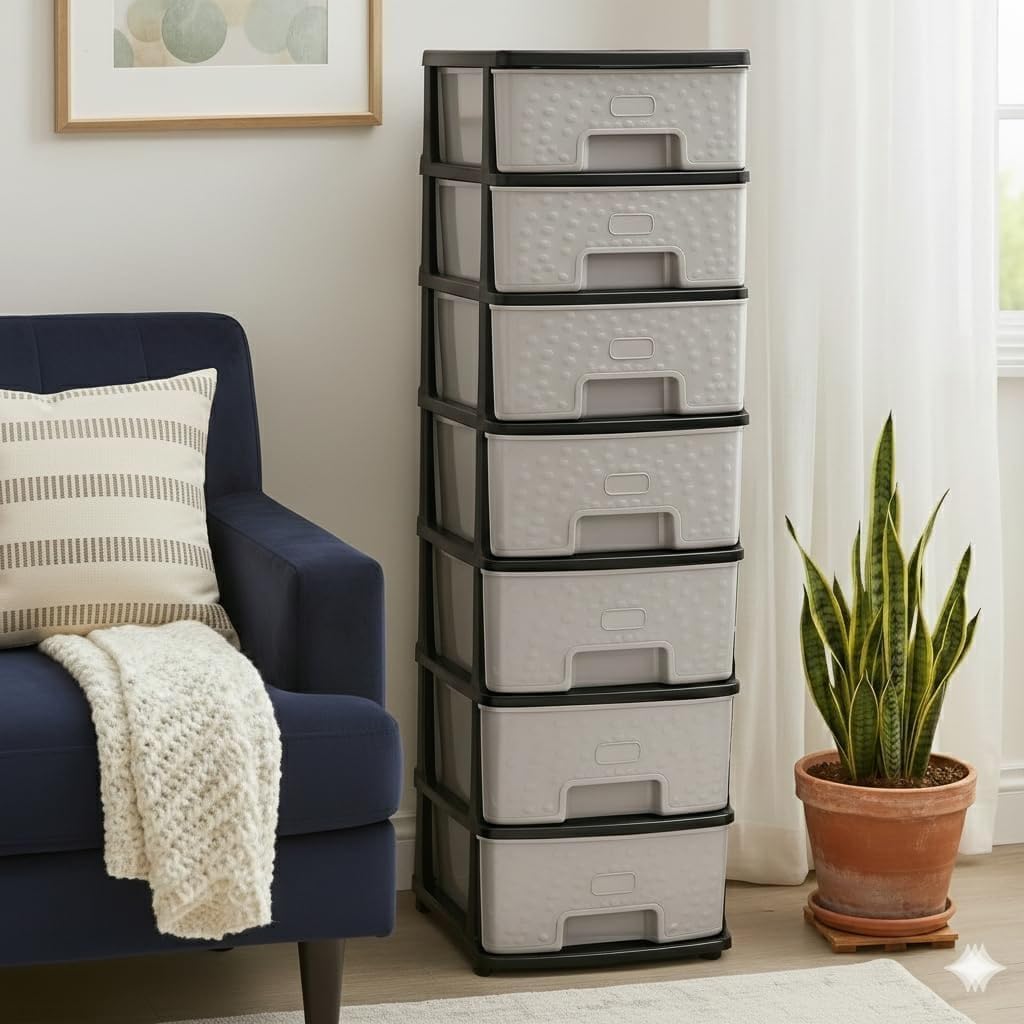 7 Layer Modular Storage Drawer Organizer - 106cm Extra Large Plastic Tower Rack Unit for Home, Kitchen, Office, Bedroom, Kids Room, Bathroom, Grey-image-21