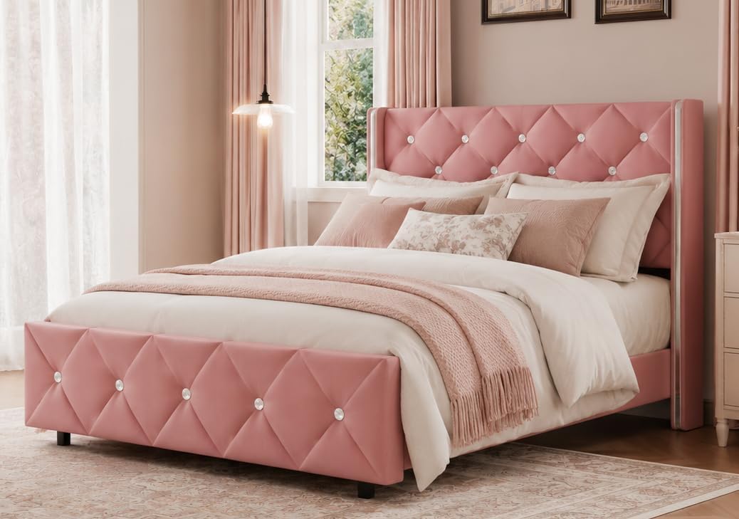 HOMBCK Twin Bed Frame with Leather Headboard, Silverside Wingback, Pink