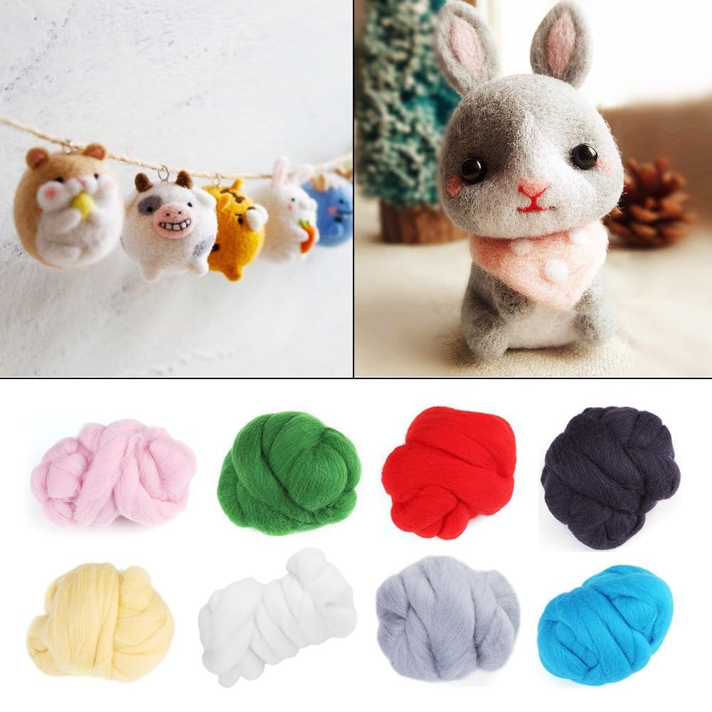 Agatige 8 Colors 55g Colored Needle Felting Wool, Wool Roving Starter Kit Wool Felt Tools Set for Felted Animal(62-White)