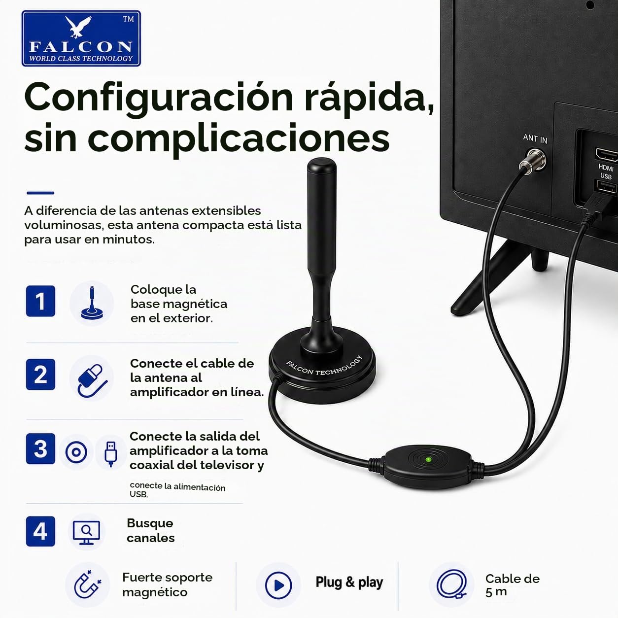 Falcon - Antena DTV portátil amplificada con soporte magnético para caravanas y autocaravanas (amplificada)